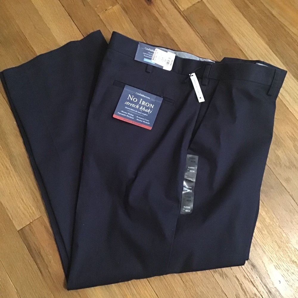 Croft & Barrow Men’s No Iron Stretch Khaki Flat Front Classic Fit Navy 40x30 NWT
